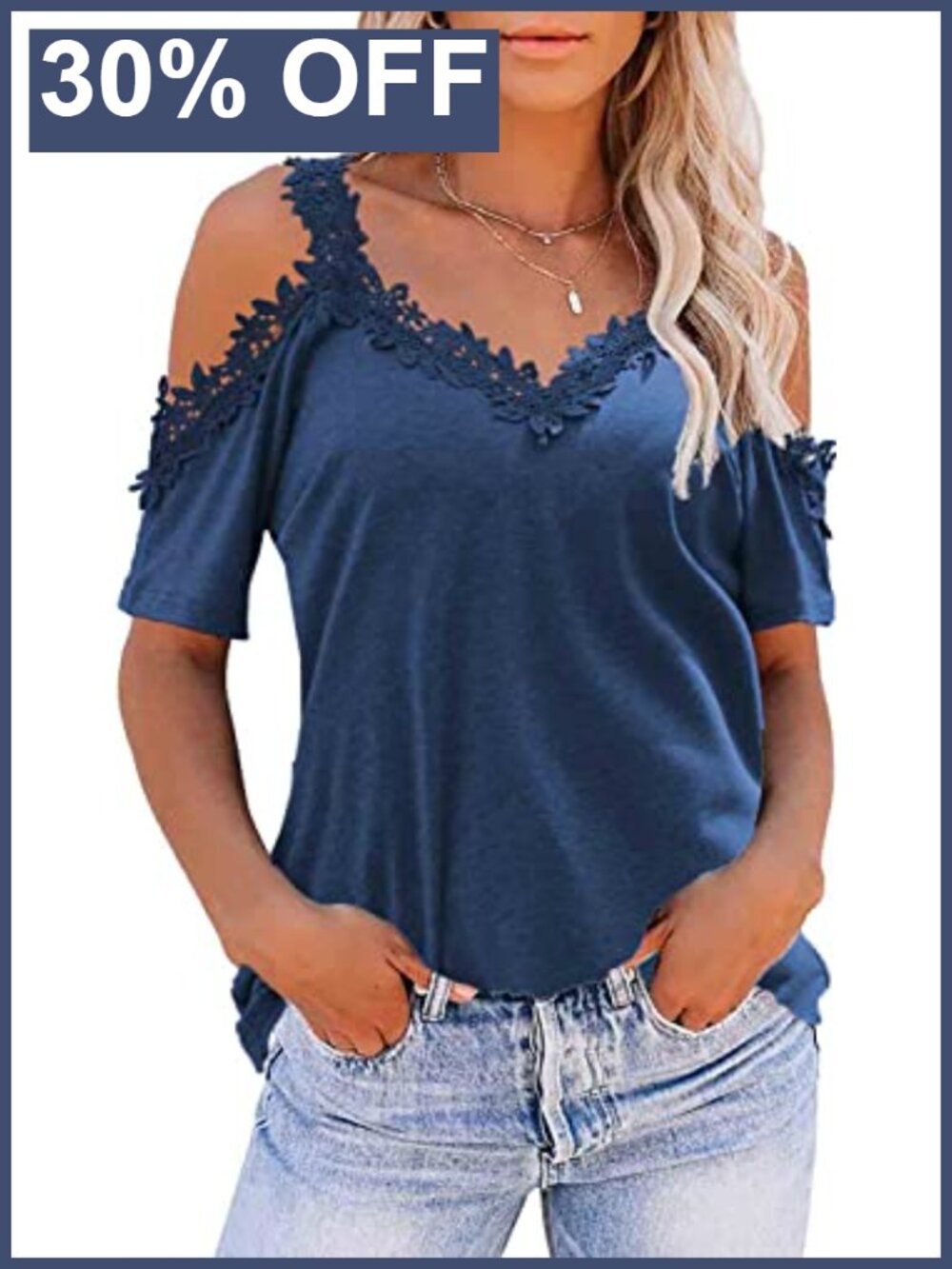 Women's Sexy Cold Shoulder Top Short Sleeve V Neck Lace Trim Blouse with